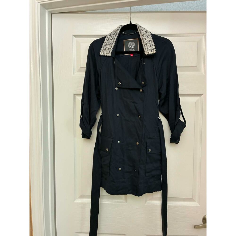 Vince Camuto Large Navy Belted Trench Coat Lace Collar Snap Front